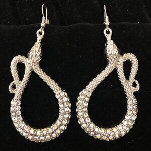 Snake serpent earrings, BIG with white/ab rhinestones 3" long,  silver tone